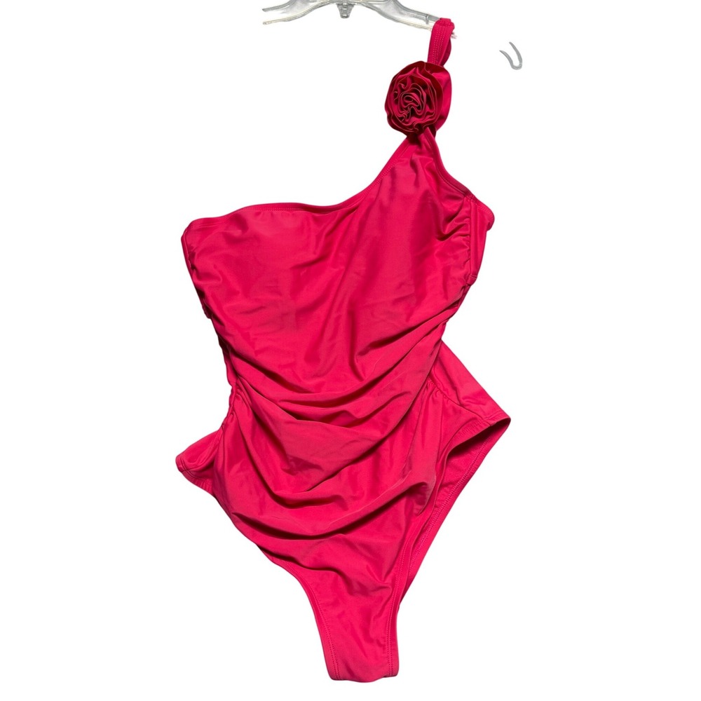 Shade & Shore Pink One Shoulder Rosette Ruched One Piece Swimsuit Womens L 12-14